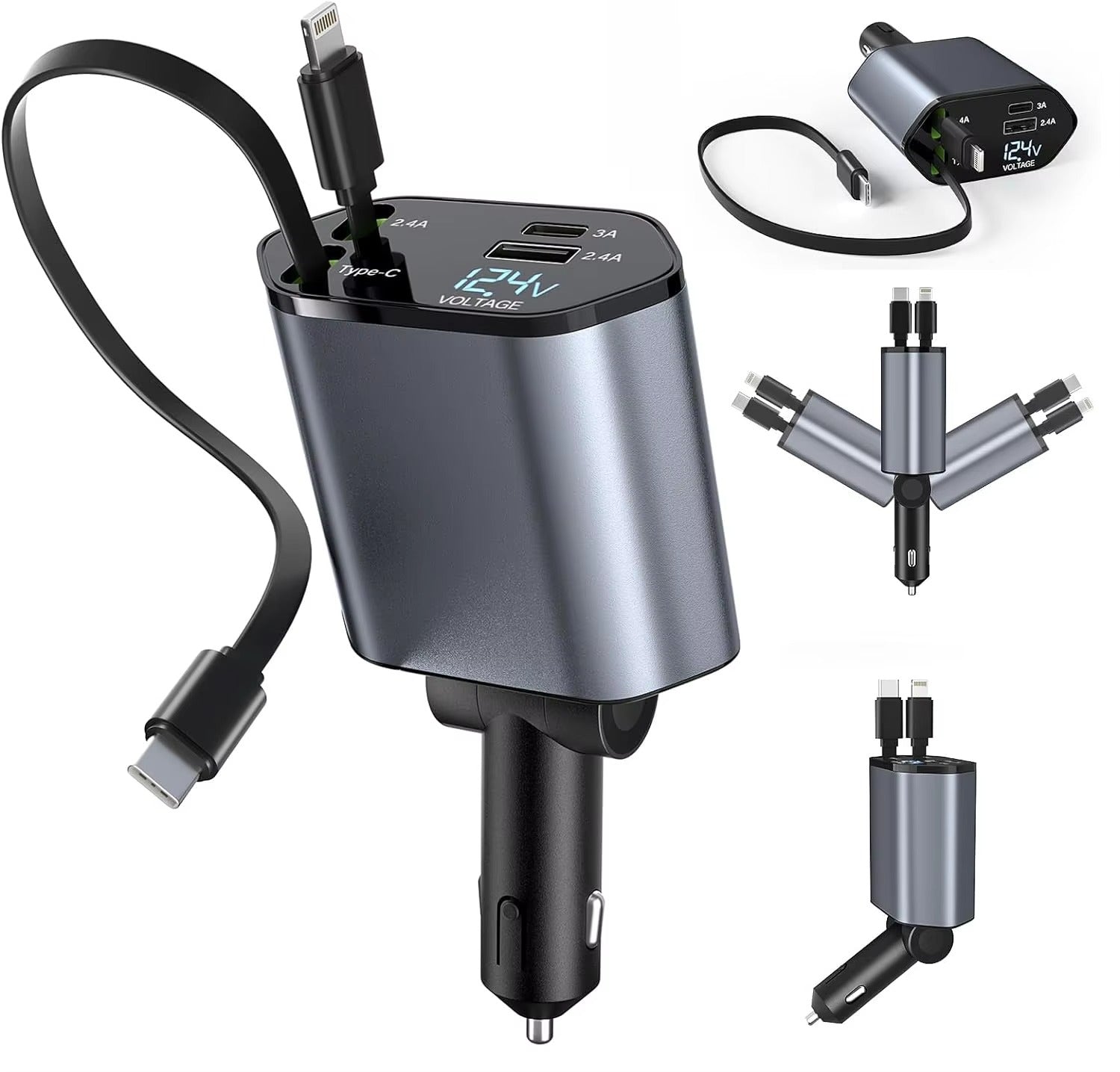 Retractable Car Charger 120W Fast Charger 4-in-1